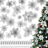 60 Pcs Christmas Flowers Glitter Poinsettia Flower, 3, 4, 6 Inch Artificial Flowers For Decoration With Clips For Christmas Tree Holiday Outdoor Seasonal Party Wedding Decoration(Silver)
