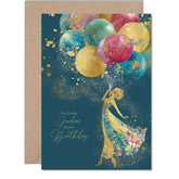 Gold Grandma Birthday Card - Elegant Silhouette Balloons - Happy Birthday Card For Grandma From Grandson Granddaughter, A5 Golden Luxury Floral Dress Bday Greeting Cards