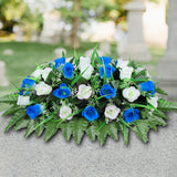Artificial Cemetery Flower-Outdoor Grave Saddle Headstone Decorations,Blue And White Rose Memorial Day Flowers For Gravesite (Blue And White)…
