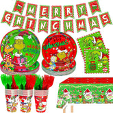 122Pcs Christmas Party Decorations Merry Christmas Party Supplies Tableware Set With Banner Plates Napkins Cups Tablecloth Forks Serve 24