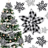 12 Pieces Buffalo Plaid Poinsettias Christmas Tree Ornaments Artificial Christmas Flowers With Glitter Powder For Christmas Tree Wreaths Garland Holiday Decorations 6.7 Inch (Black And White)
