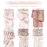 Rose Gold Christmas Ribbon Wired 2.5" Pink Christmas Tree Ribbon Garland Rose Gold Glitter Wired Ribbon For Crafts, Wreaths, Topper Bows, Gift Wrapping, Home Decor (6 Rolls 36 Yards)