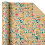 Kraft Floral Wrapping Paper Roll - Mini Roll - 17 Inch X 9.8 Feet - Spring Summer Garden Flower Design Perfect For Wedding, Bridal Shower, Birthday