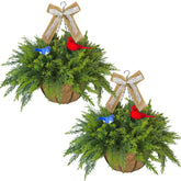 2 Set Artificial Cedar Hanging Baskets, Hanging Ferns Planters With 24 Pcs Cypress Leaves, Decor With Artificial Birds And Linen Bows,Uv Resistant For Spring Summer Outdoor Porch Garden Patio