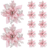 12 Pieces 5.7 Inch Christmas Poinsettia Flower Christmas Glitter Artificial Flower With Clips Xmas Tree Ornament For Wreath Garland Party Decor (Rose Gold)