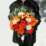 Artificial Cemetery Flower With Vase For Headstone, Outdoor Grave Decoration?Florist-Arranged Memorial Bouquet:Orange Rose And White Mum Mix,Easy Fit