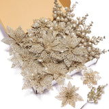 22Pcs Christmas Poinsettia Artificial Flowers And Glitter Berries Stems Kit, 16Pcs Christmas Tree Flowers Ornaments And 6 Pack Christmas Tree Picks For Wedding Holiday Decorations (Champagne)