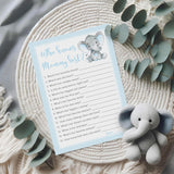 Blue Elephant Baby Shower Games Who Knows Mommy Best - Pack Of 25 - Peanut Theme Boy Baby Shower Game, New Parent Couples Fun Guessing Game Shower Activity, Questions Mom-To-Be Polka Dot G501-Wkm
