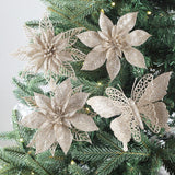 24Pc 5.5" Champagne Gold Artificial Poinsettia Christmas Flowers, Glitter Christmas Decorations For Xmas Tree Wreath Fireplace New Year Home Decor (Champagne Gold)