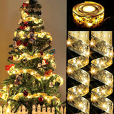 2 Pack Gold Christmas Tree Decorations Christmas Wire Ribbon, Christmas Ribbon Bows String Lights Gold For Party Wedding