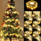 2 Pack Gold Christmas Tree Decorations Christmas Wire Ribbon, Christmas Ribbon Bows String Lights Gold For Party Wedding