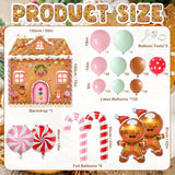 Christmas Gingerbread Balloon Garland Arch Kit With Gingerbread House Backdrop - Pastel Pink Green Brown Balloons Candy Cane Foil Balloons For Holiday New Year Birthday Party Decorations
