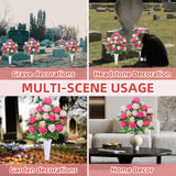 Artificial Cemetery Flowers,Set Of 2 Grave Memorial Flowers With Vase, Outdoor Grave Decorations Roses,Silk Flowers For Cemetery Headstones Decoration (Pink)