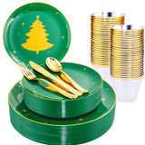 150Pcs Christmas Plates Plastic Disposable - 25 Guests Green Plates With Gold Tree, Gold Plastic Silverware, Clear Gold Cups, Christmas Design Perfect For Christmas Parties, Ej