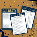 Blue And Gold 80Th Birthday Party Games Bundle - Set Of 3 Birthday Games For Adults - 20 Guests, Born In The 1940S Theme