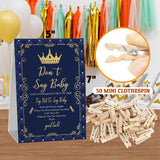 Royal Prince Baby Shower, Don'T Say Baby Game For Baby Shower (One Sign With 50 Mini Clothespins), Crown Navy Gold Theme Baby Shower Decorations, Gender Reveal Game-Dsbb05