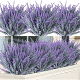 12 Bundles Artificial Lavender Fake Flowers Faux Plastic Plants For Home Wedding Kitchen Garden Patio Window Box Office Table Centerpieces Indoor Outdoor Decor, Gray Purple
