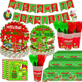 203Pcs Whoville Christmas Decorations Welcome To Whoville Banner Paper Plates Green Table Cloth Green Napkins Forks For Christmas Party Supplies