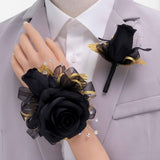 Black Rose Corsage And Boutonniere Set Prom Flower Wrist Corsage Wristlet And Boutonniere Set For Wedding Homecoming Party Decor