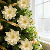Poinsettia Flowers For Christmas Tree, 12 Pcs Glitter Christmas Flowers Artificial Poinsettia Flowers With Clips Stems Xmas Tree Ornaments For Christmas Party Wreath Decoration (Hollow Gold)