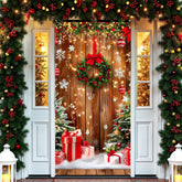 Christmas Door Cover Decorations Merry Christmas Front Door Banner Christmas Wood Grain Door Cover Xmas Wreath Gift Box Photo Booth Prop For Winter Holiday New Year Party Indoor Outdoor Decor