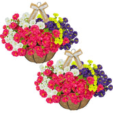 2-Pack Artificial Hanging Flower Baskets With Morning Glory & Linen Bows, Fake Hanging Plants With 36 Pcs Uv Resistant Silk Flowers For Spring Summer Indoor Outdoor Garden Porch Patio Decor