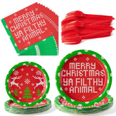 Christmas Plates Napkins Tableware - 96Pcs Funny Xmas Movie Party Forks Dinnerware Set Decoration Supplies, Merry Christmas Ya Filthy Animal Disposable Tableware Favor For Holiday (24 Guests)