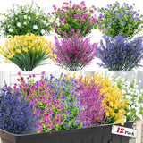 12 Bundles Uv Resistant Artificial Flowers, Bendable Stems, Outdoor Fade Proof Mixed Bouquet Fake Plastic Plants Faux Camellia Eucalyptus Lavender For Garden Patio Window Box Decor