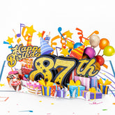 3D Pop Up Happy 87Th Birthday Card – Blue Design With Glitter Numbers, Balloons, Cakes & Gifts – Unique Bday Card For Dad, Mom, Husband, Wife, Man Or Woman – 5" X 7"