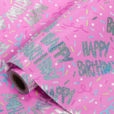 Birthday Wrapping Paper Roll For Girls, Mini Roll, Pink Gift Wrap With Metallic Silver Happy Birthday Text And Confetti Sprinkle Design, Perfect For Princess Party, 17 Inches X 16.4 Feet