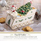 Christmas Tree Rudolph Cookie Jar - 11" Dolomite Nostalgic Christmas Cookie Jar With Lid - Festive Candy Jar For Kitchen Counter, Holiday Cookie Container, Reindeer-Themed Seasonal Home Decor