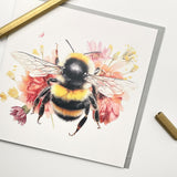 Old English Co. Pink Flowers Bumblebee Birthday Card - Painted Botanical Wildlife Card - Birthday Bumblebee Greeting Card For Her - Birthday Card For Her | Blank Inside With Envelope