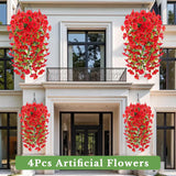 4 Pcs Fake Hanging Plants Artificial Flowers For Outdoors, Silk Petunia Faux Flowers Look Real Trailing Vines Uv Resistant Faux Plants For Home Planter Porch Patio(4 Red)