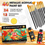 40 Pcs Metallic Acrylic Paint Set With 12 Brushes, 2 Knives & Palette, 24 Colors (2Oz/60Ml) - For Adults, Artists & Beginners - Canvas Ceramic Rock Wood Pumpkin Painting Kit