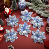 12 Pcs White And Blue Poinsettia Artificial Flowers Christmas With Clips Stems Chinoiserie Ornaments Xmas Tree Ornaments For Xmas Wedding Party Wreath Decoration, White And Blue