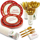 200 Pcs Merry Christmas Disposable Dinnerware Set For 25 Guests Christmas Paper Plates (7"& 9"), Paper Cups, Napkins, Plastic Cutlery For Xmas Winter Holiday Dinner Party Celebrations