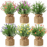 6 Pcs Artificial Flowers In Small Burlap Potted Faux Flowers Simulation False Plants Small Bonsai Creative Home Decoration Ornaments Kitchen Dining Room Fake Plants Indoor Outdoor