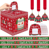 67 Pcs Xmas Ugly Sweater Game Sets With Ugly Sweater Contest Voting Box 60 Ballot Cards 3 Award Sashes And 3 Medals For Xmas Party Game Decorations Holiday Party Supplies