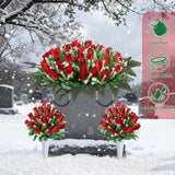 3 Sets Artificial Cemetery Flowers For Grave,Headstone Flower Saddle With 2 Memorial Rose Bouquets With Vases For Grave Tombstone Decorations (Red)