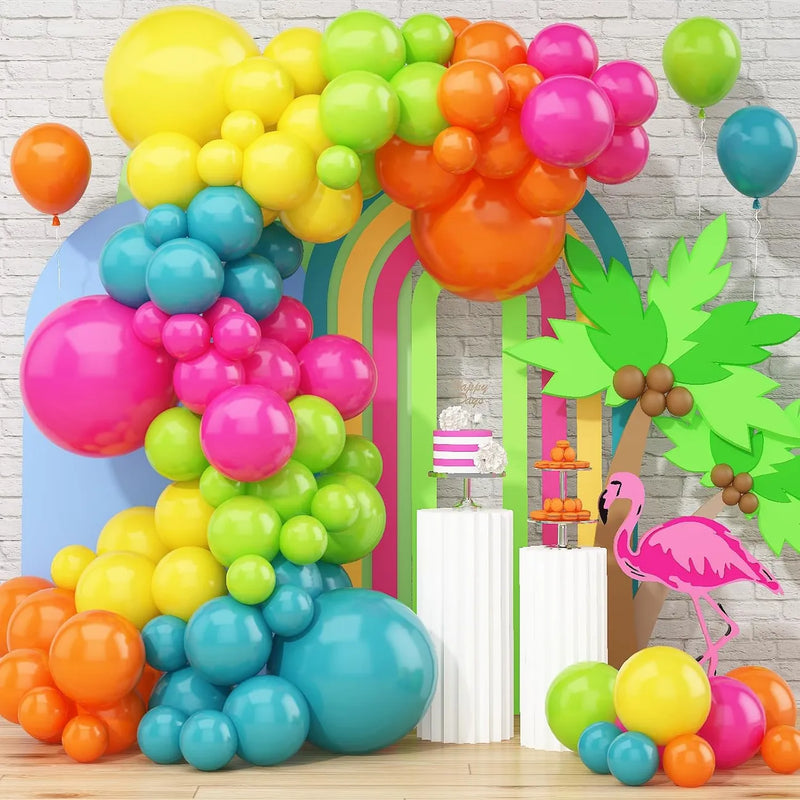 Tropical Rainbow Balloon Kit 141pcs Hot Pink, Lime & Orange Balloons For Luau, Pool Or Aloha Theme Party