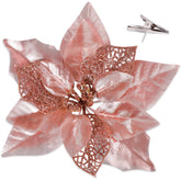 15Pcs Christmas Tree Decorations Poinsettias Artificial Flowers Ornaments: Large Size 8.7” Xmas Glitter Flower With Clips Plus Stems (Rose Gold)