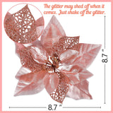 15Pcs Christmas Tree Decorations Poinsettias Artificial Flowers Ornaments: Large Size 8.7” Xmas Glitter Flower With Clips Plus Stems (Rose Gold)