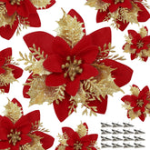15 Pcs Red Poinsettia Flower Artificial Poinsettias With Clips Christmas Decorations Glitter Poinsettia Christmas Ornaments Xmas Tree Flower Decor With Stems Diy Xmas Wreath Home Holiday Party