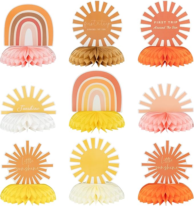 9 Pcs Boho Sun Honeycomb Centerpieces - Hippie Rainbow Table Toppers for Party