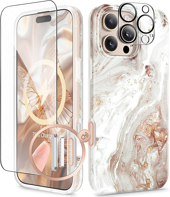 iPhone 16 Pro Case with MagSafe, Screen & Lens Protectors, Slim Marble Shockproof