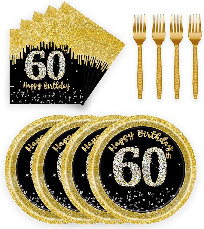 72-Piece 60th Birthday Party Set - Black & Gold Plates, Napkins for 24 Guests