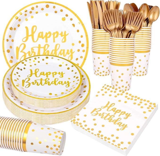 350-Piece Birthday Party Supplies Set - White & Gold Plates, Napkins, Cups & More