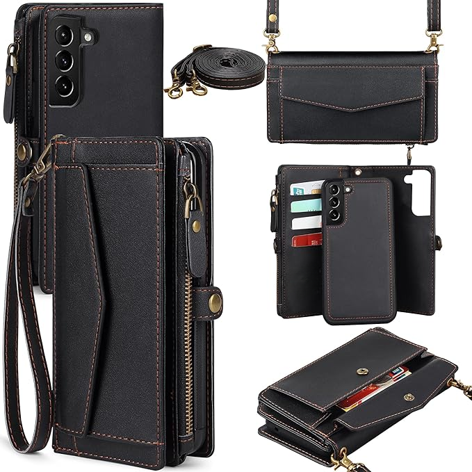 Samsung Galaxy S25 Wallet Case, RFID Blocking, Detachable Crossbody Strap, Black