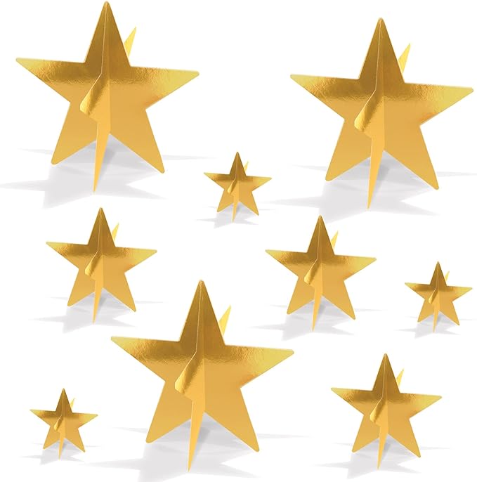 9-Piece 3-D Gold Star Centerpieces for NYE Party & Celebration Table Decorations