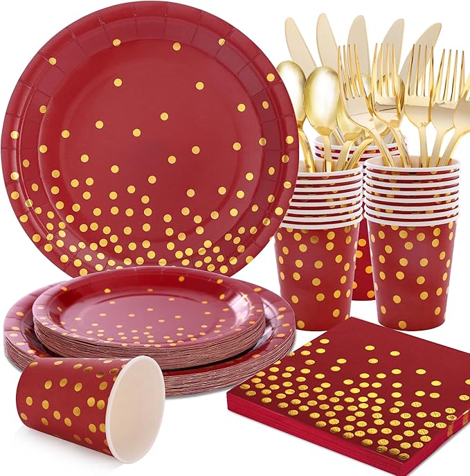 175 PCS Burgundy & Gold Party Supplies - Plates & Napkins for 25 Guests